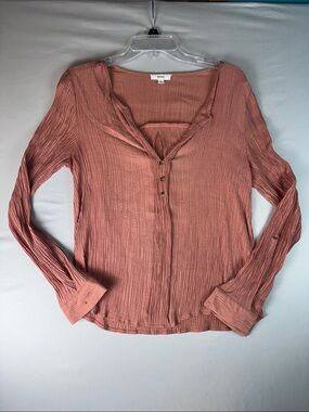 Mine Women’s Blouse Top Rose Long-Sleeve Button Henley V-neck